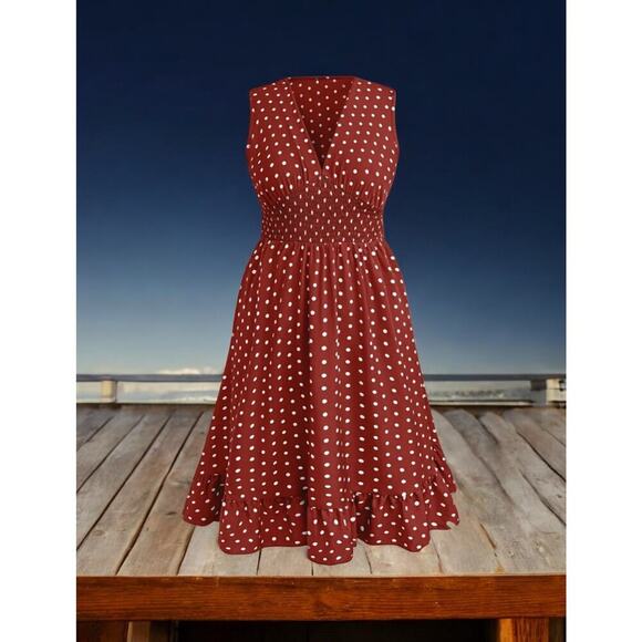 Plus Size Polka Dot Dress 4XL Deep V Neck Fit and Flare Red US 20 - Picture 6 of 12